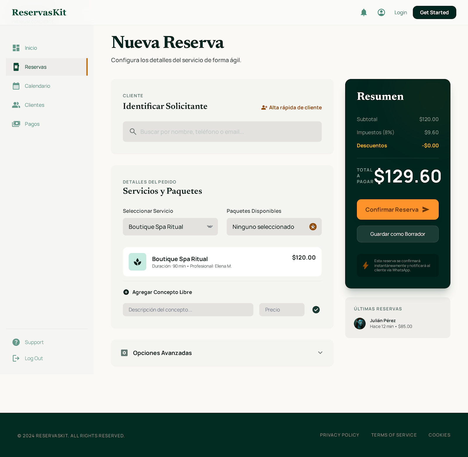 Vista funcional de una nueva reserva en ReservasKit